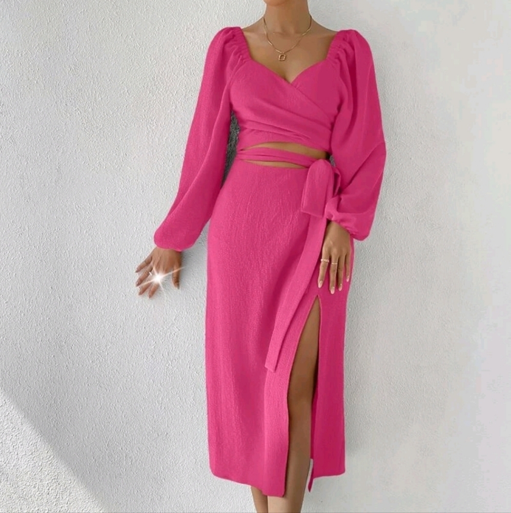 Lantern Sleeve Wrap Knot Side Split Thigh Dress